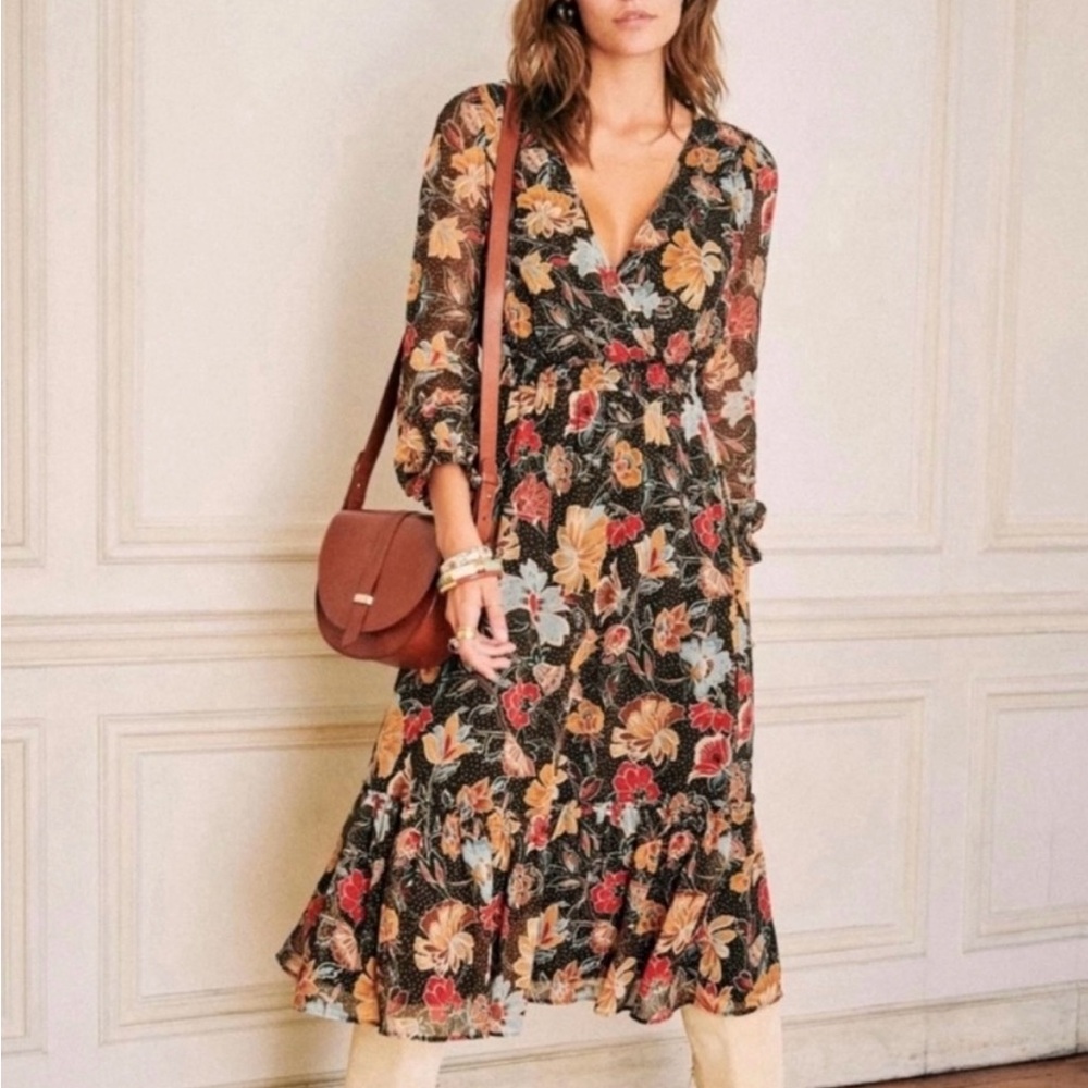 Sezane Black Floral Midi Dress with Red, Yellow and Cream Blooms